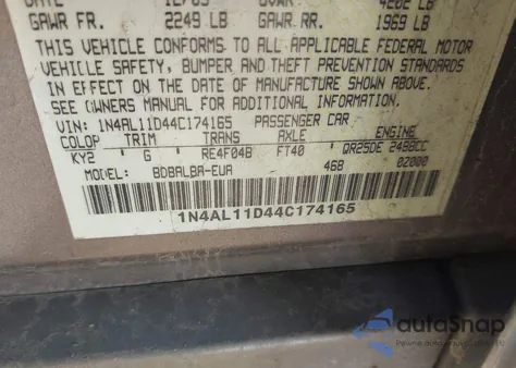 2004 Nissan Altima 2.5 S z USA, uszkodzony, nr VIN 1N4AL11D44C174165